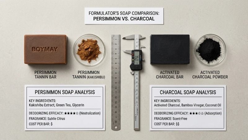 Persimmon and charcoal soap bars flat lay comparison