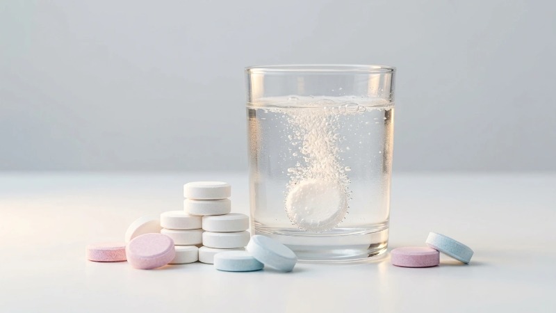 Effervescent cleaning tablet dissolving in water glass