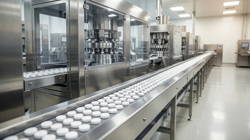 Cleaning tablets on factory conveyor production line Cleaning tablets on factory conveyor production line