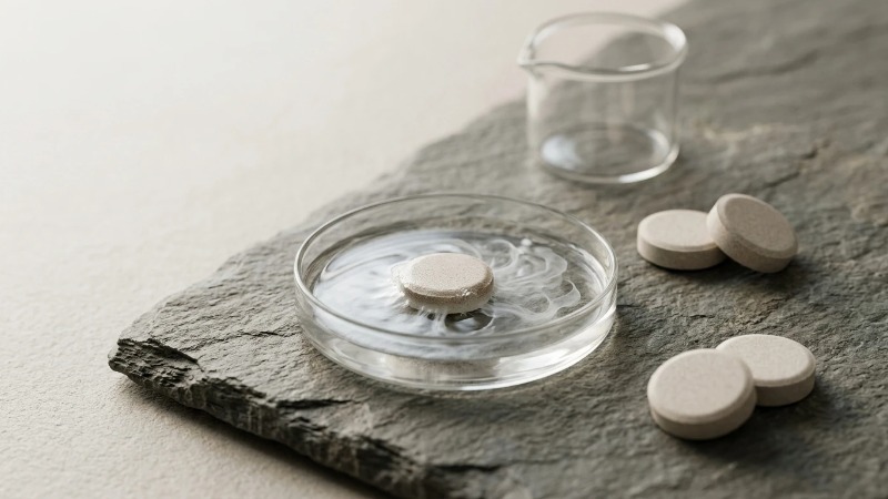 Cleaning tablet dissolving in glass dish on stone Cleaning tablet dissolving in glass dish on stone