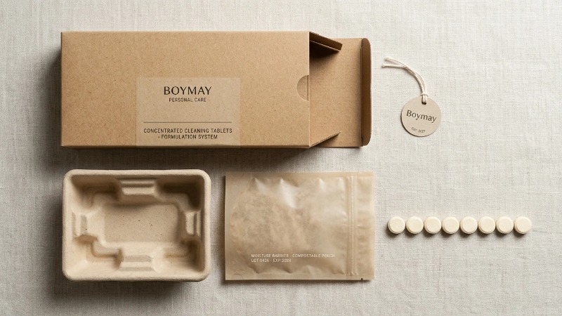 Deconstructed kraft tablet packaging flat lay Deconstructed kraft tablet packaging flat lay