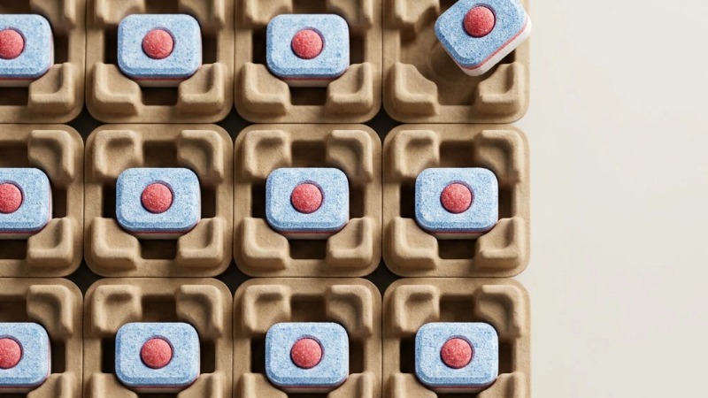 Dishwasher tablets in molded pulp trays overhead