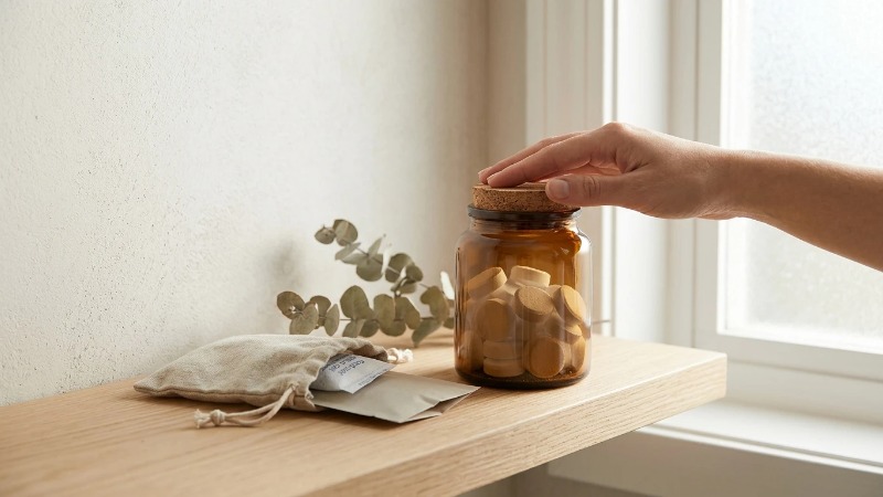 Sealed amber jar of cleaning tablets on oak shelf