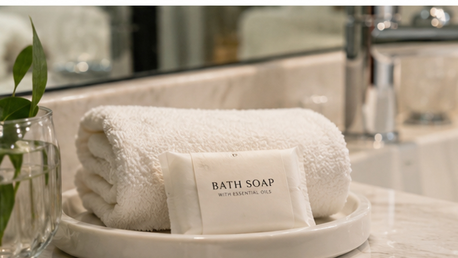 Individually wrapped guest soap displayed with folded towels on a hotel bathroom counter.